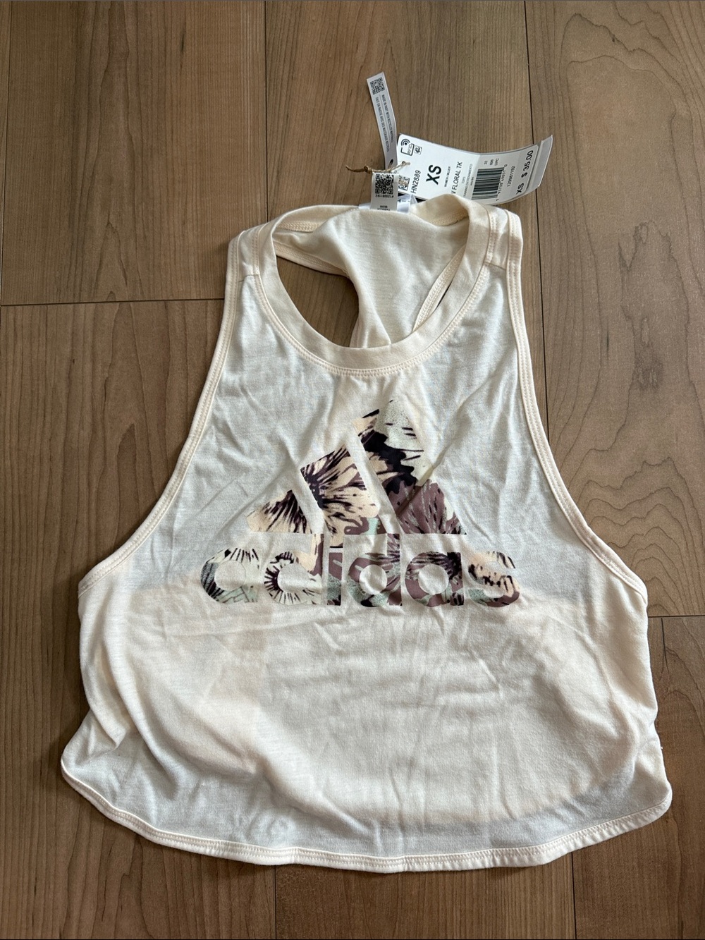 adidas Cream Floral-Logo Racerback Crop Tank